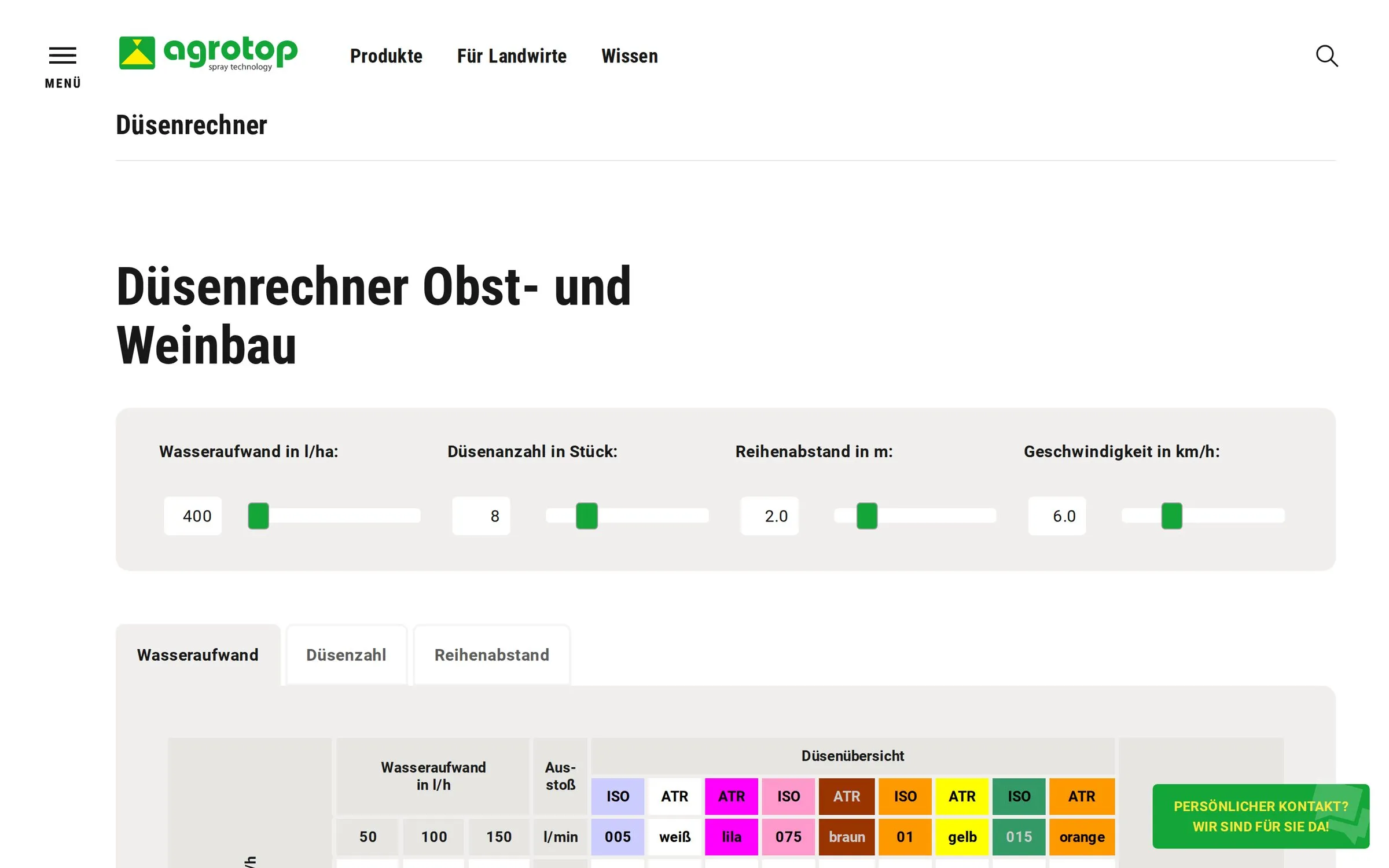 Nozzle calculator for fruit growing and viticulture: four sliders and a colour-coded nozzle overview