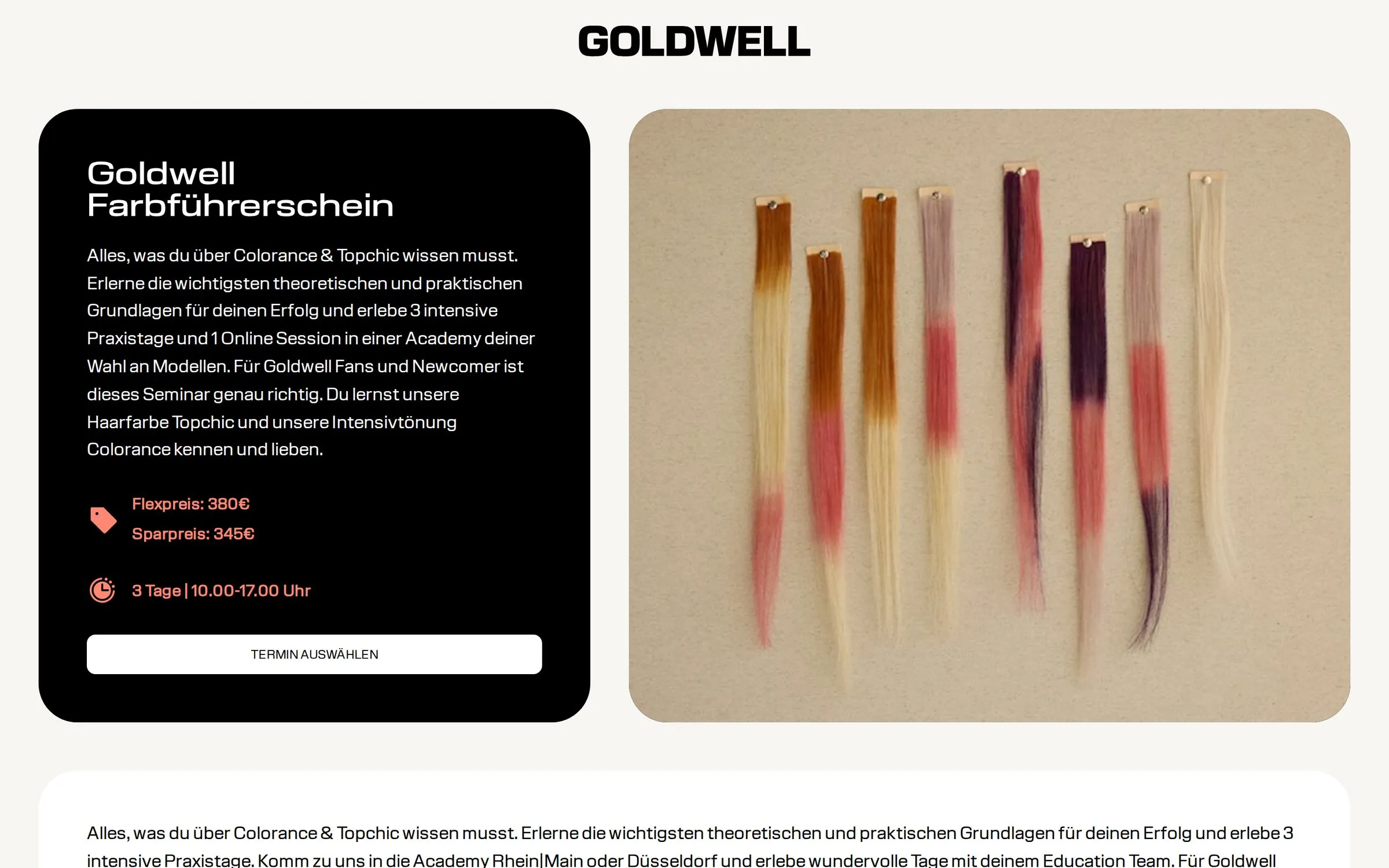 Seminar page for the Goldwell Farbführerschein with flex and saver price, duration, and a button to choose a date